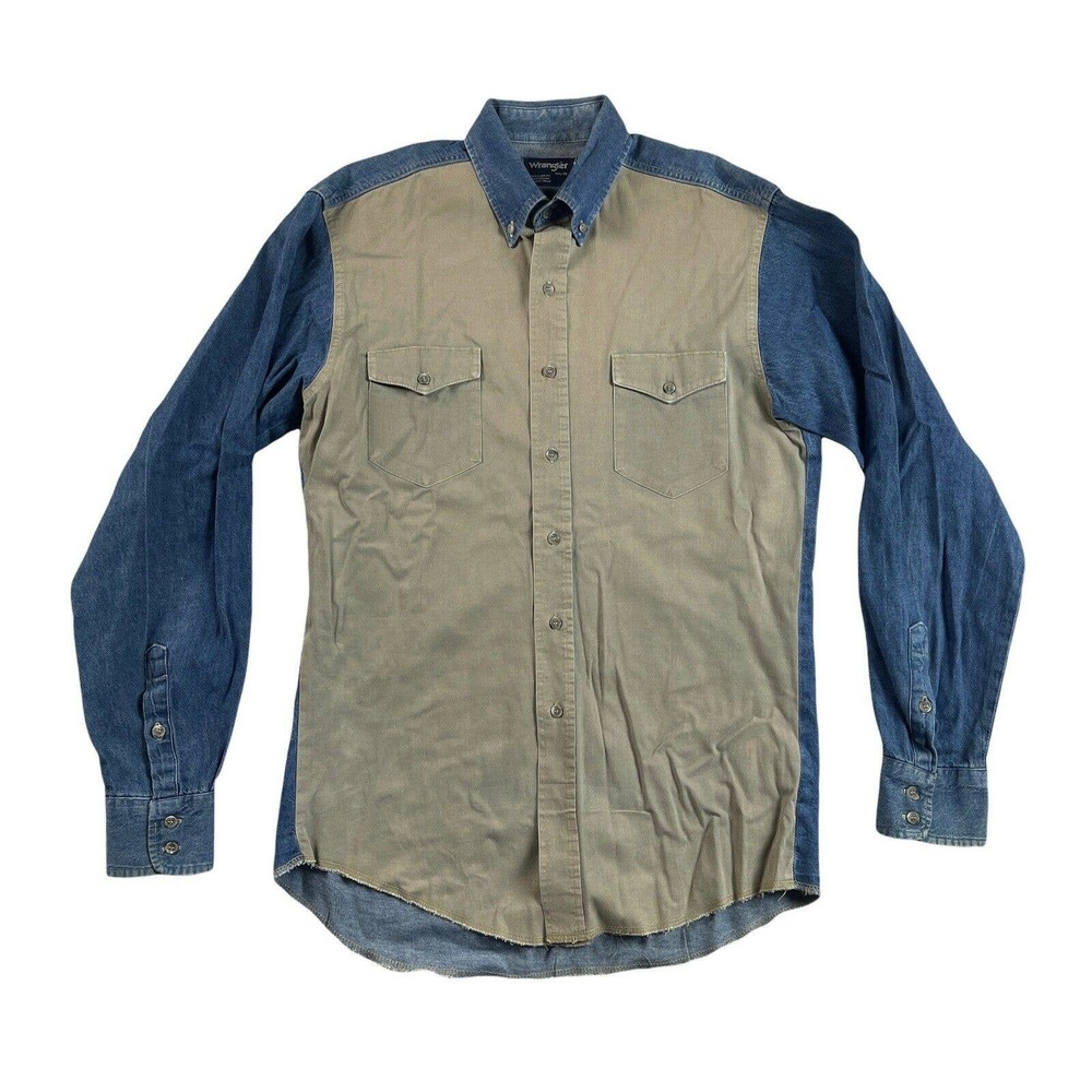 VINTAGE WRANGLER Shirt Mens 15.5 - 35 Reg Western Denim Blue Gray X-Long Tails